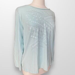 CJ Banks Woman's Size X 14W Top Shirt Long Sleeve Mint Green Beaded‎ Stretch